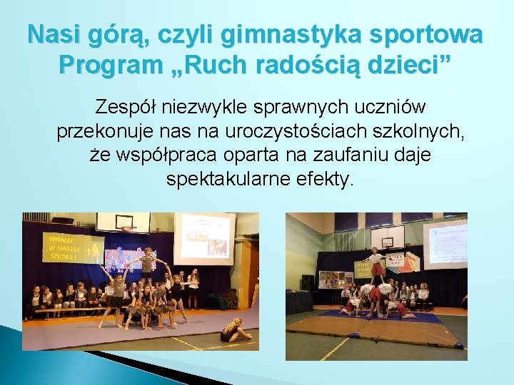 Nasi górą, czyli gimnastyka sportowa Program „Ruch radością dzieci” Zespół niezwykle sprawnych uczniów przekonuje