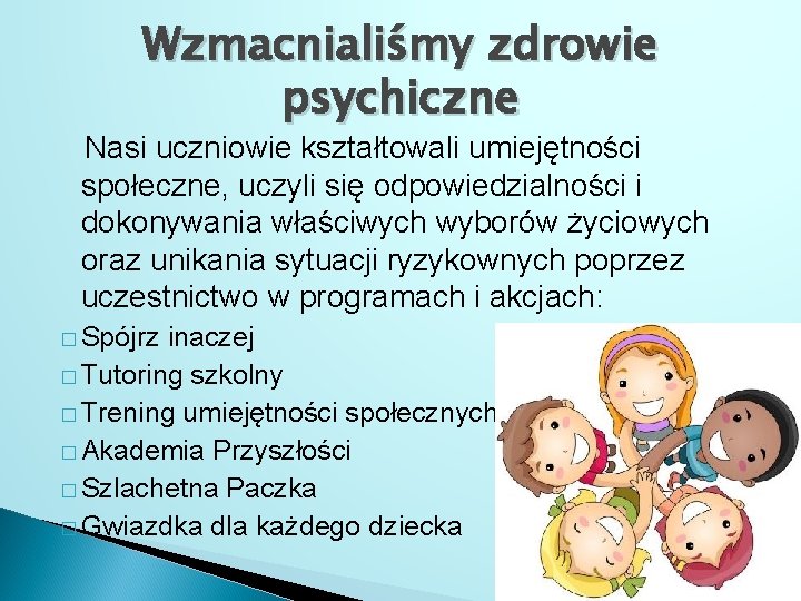 Wzmacnialiśmy zdrowie psychiczne Nasi uczniowie kształtowali umiejętności społeczne, uczyli się odpowiedzialności i dokonywania właściwych