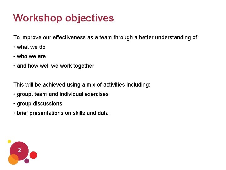 Workshop objectives To improve our effectiveness as a team through a better understanding of: