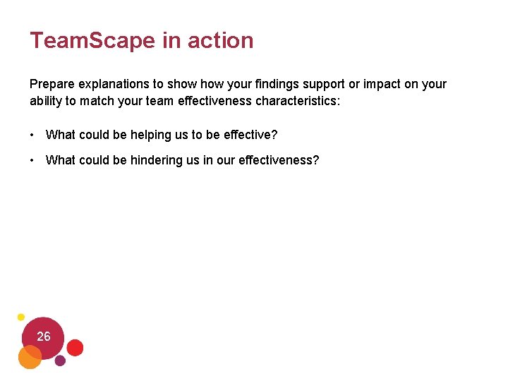 Team. Scape in action Prepare explanations to show your findings support or impact on