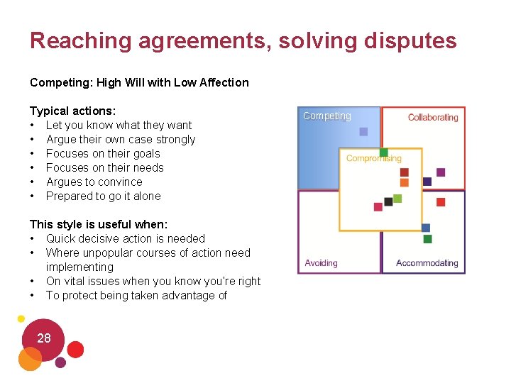 Reaching agreements, solving disputes Competing: High Will with Low Affection Typical actions: • Let