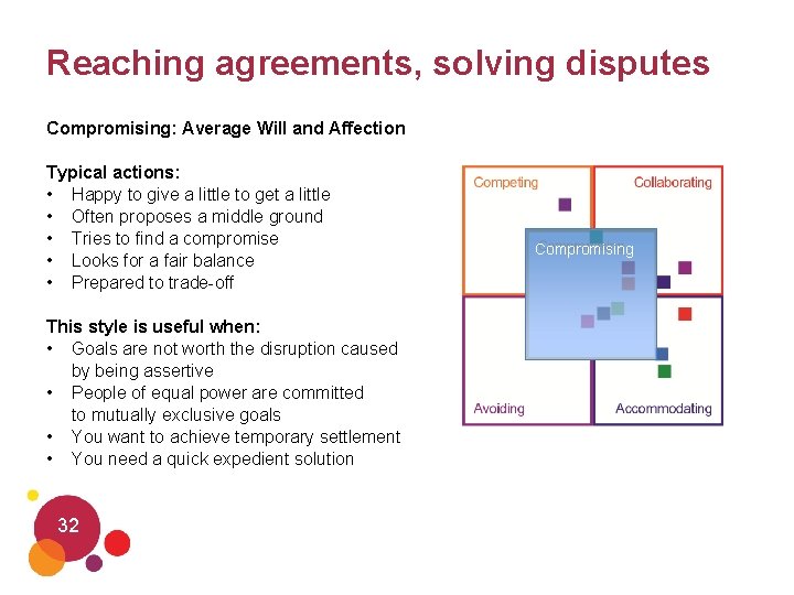 Reaching agreements, solving disputes Compromising: Average Will and Affection Typical actions: • Happy to