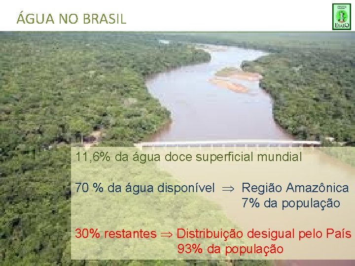 ÁGUA NO BRASIL 11, 6% da água doce superficial mundial 70 % da água