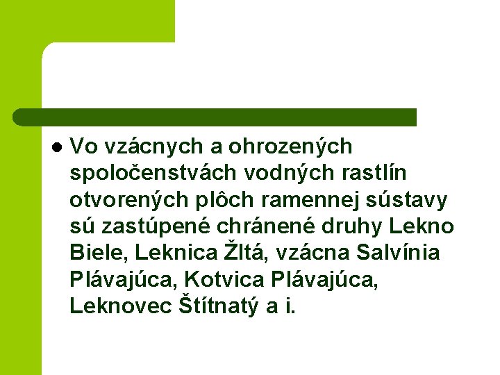 l Vo vzácnych a ohrozených spoločenstvách vodných rastlín otvorených plôch ramennej sústavy sú zastúpené