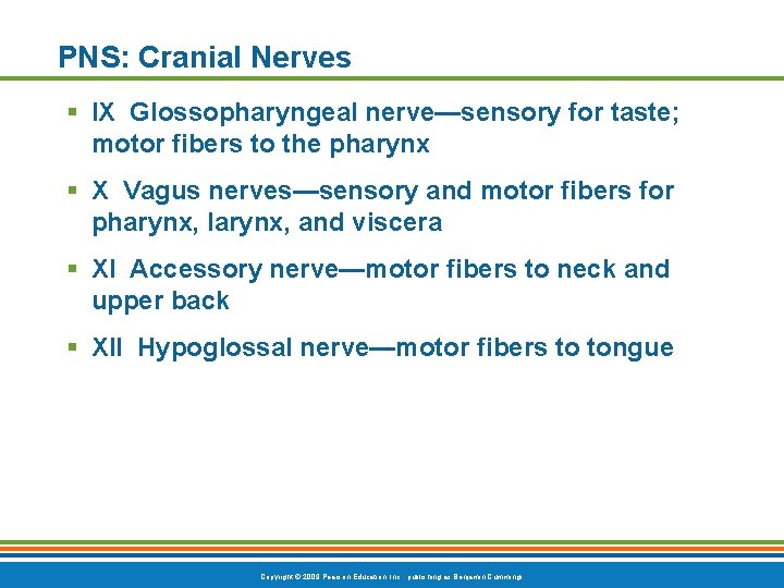 PNS: Cranial Nerves § IX Glossopharyngeal nerve—sensory for taste; motor fibers to the pharynx