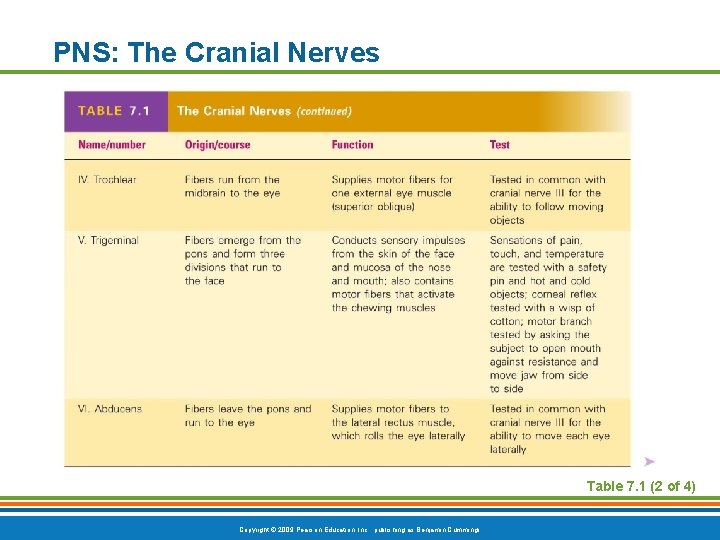 PNS: The Cranial Nerves Table 7. 1 (2 of 4) Copyright © 2009 Pearson