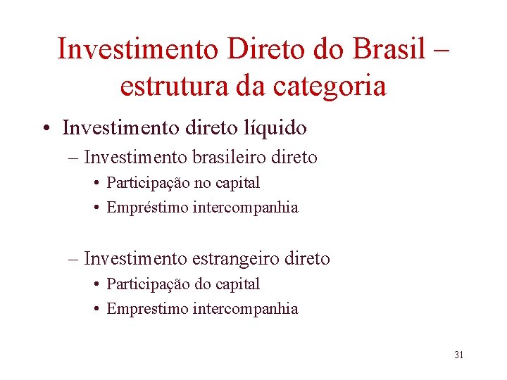 Investimento Direto do Brasil – estrutura da categoria • Investimento direto líquido – Investimento