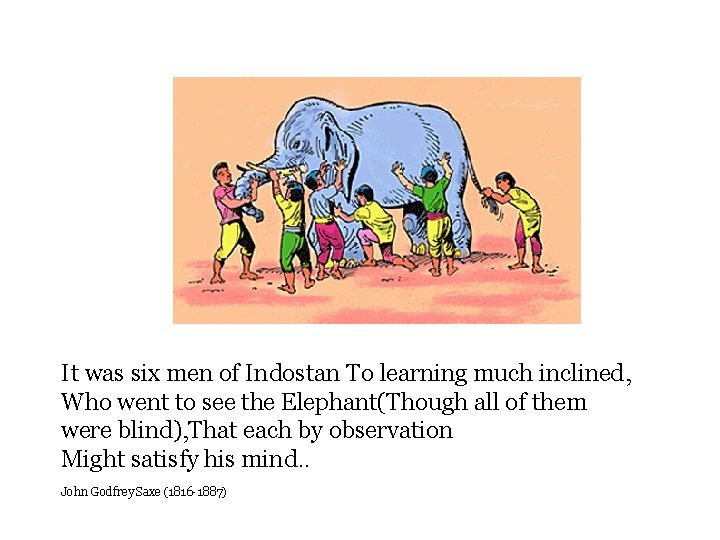 It was six men of Indostan To learning much inclined, Who went to see