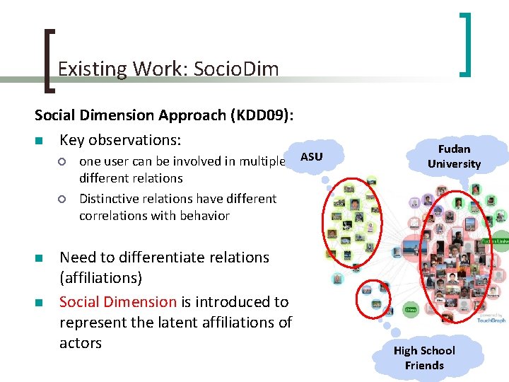 Existing Work: Socio. Dim Social Dimension Approach (KDD 09): n Key observations: ¡ ¡