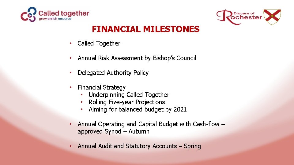 FINANCIAL MILESTONES • Called Together • Annual Risk Assessment by Bishop’s Council • Delegated