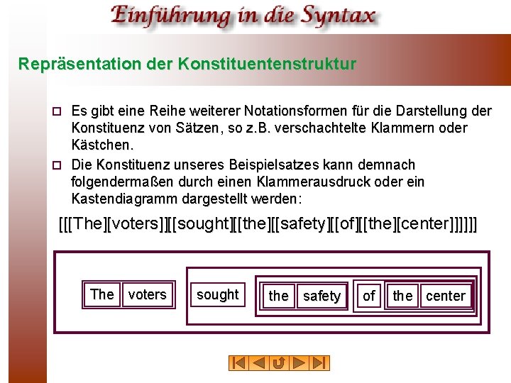 Repräsentation der Konstituentenstruktur Es gibt eine Reihe weiterer Notationsformen für die Darstellung der Konstituenz