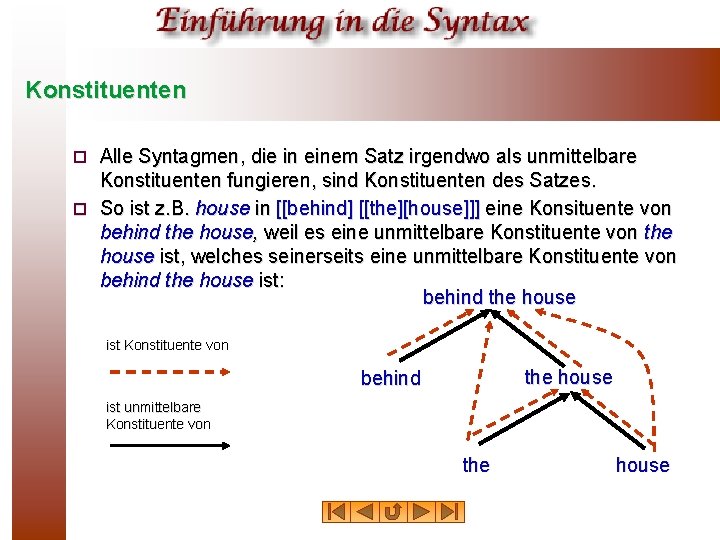 Konstituenten Alle Syntagmen, die in einem Satz irgendwo als unmittelbare Konstituenten fungieren, sind Konstituenten