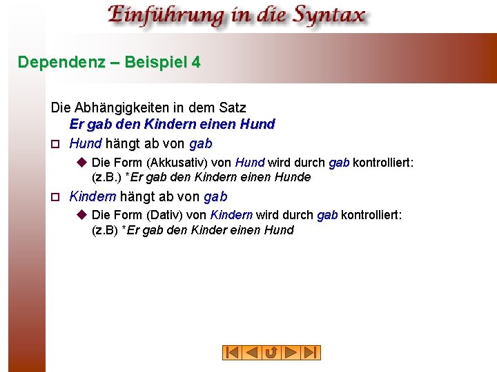 Dependenz – Beispiel 4 Die Abhängigkeiten in dem Satz Er gab den Kindern einen