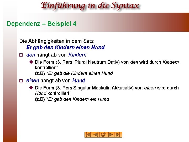 Dependenz – Beispiel 4 Die Abhängigkeiten in dem Satz Er gab den Kindern einen