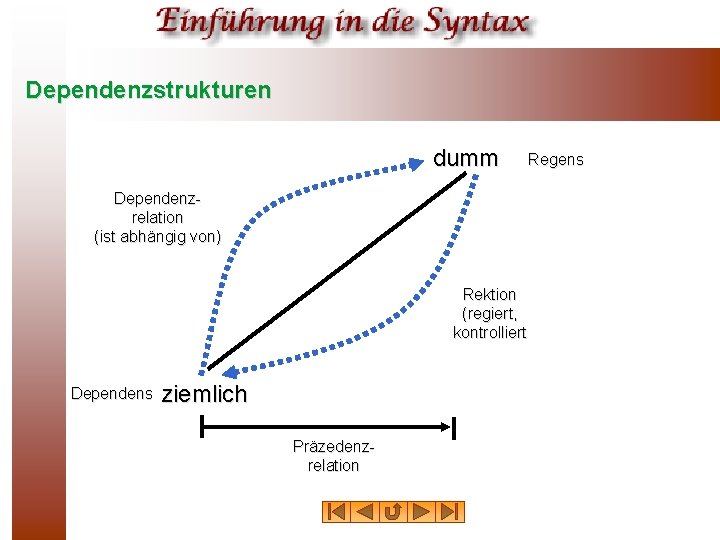 Dependenzstrukturen dumm Dependenzrelation (ist abhängig von) Rektion (regiert, kontrolliert Dependens ziemlich Präzedenzrelation Regens 