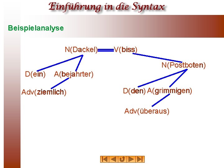 Beispielanalyse N(Dackel) Dackel V(biss) biss N(Postboten) Postboten D(ein) ein A(bejahrter) bejahrter ziemlich Adv(ziemlich) grimmigen