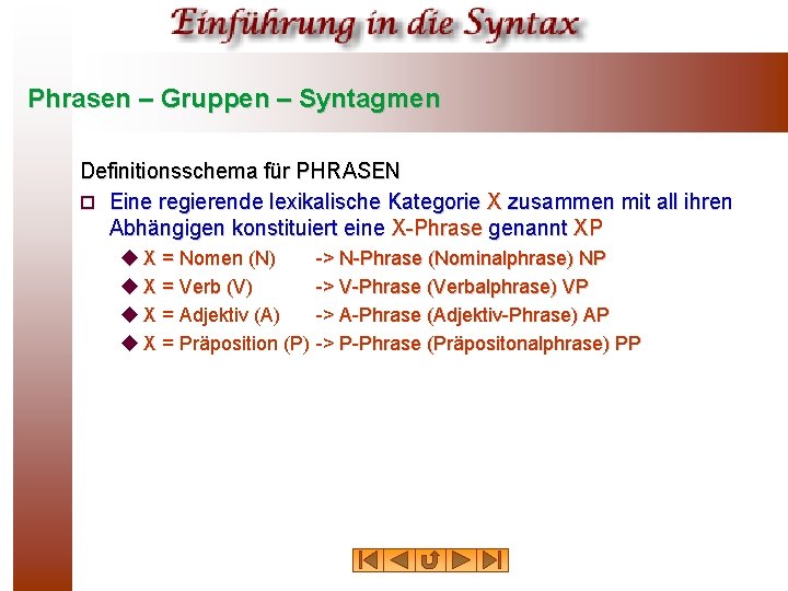 Phrasen – Gruppen – Syntagmen Definitionsschema für PHRASEN ¨ Eine regierende lexikalische Kategorie X