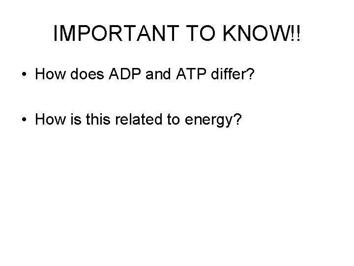 IMPORTANT TO KNOW!! • How does ADP and ATP differ? • How is this