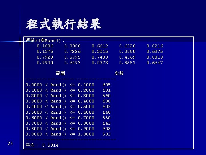 程式執行結果 連試 20次Rand()： 0. 1886 0. 3008 0. 1375 0. 7226 0. 7928 0.