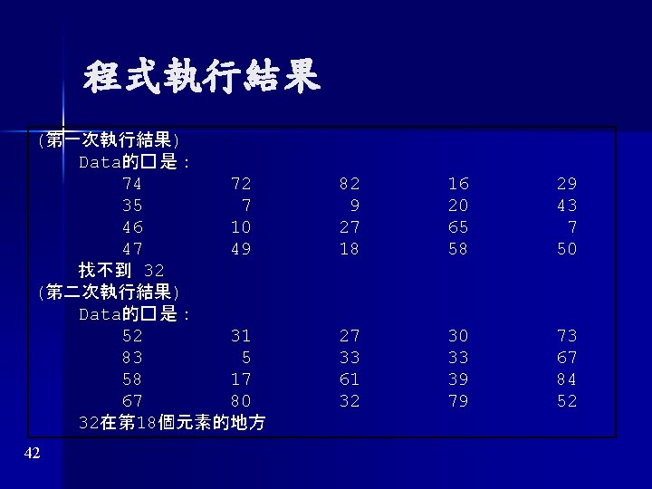 程式執行結果 (第一次執行結果) Data的� 是: 74 72 35 7 46 10 47 49 找不到 32 程式執行結果 (第一次執行結果) Data的� 是: 74 72 35 7 46 10 47 49 找不到 32
