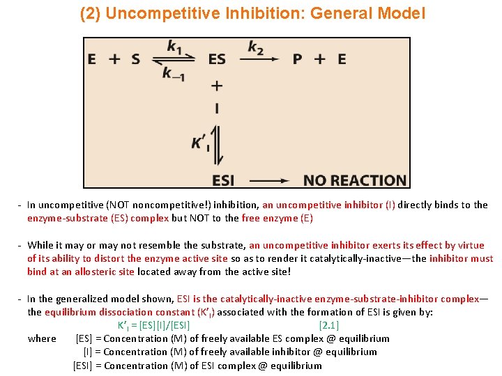 (2) Uncompetitive Inhibition: General Model - In uncompetitive (NOT noncompetitive!) inhibition, an uncompetitive inhibitor