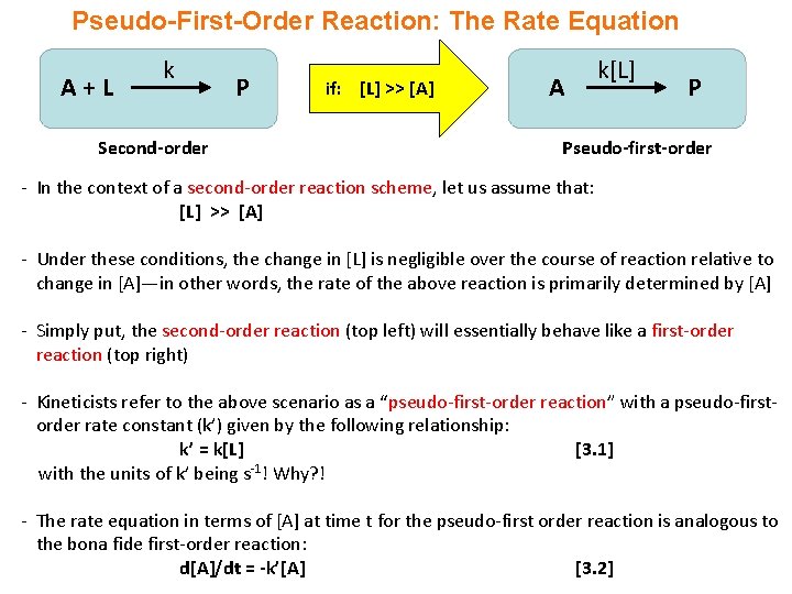 Pseudo-First-Order Reaction: The Rate Equation A+L k Second-order P if: [L] >> [A] A