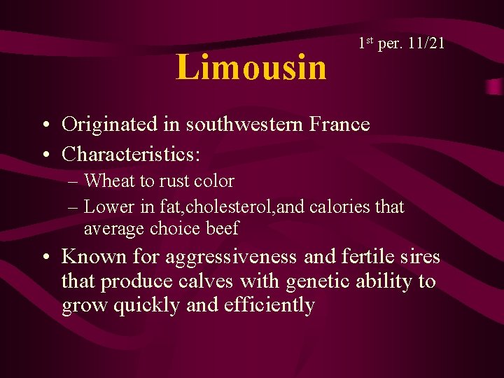 Limousin 1 st per. 11/21 • Originated in southwestern France • Characteristics: – Wheat