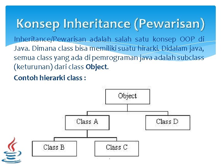 Konsep Inheritance (Pewarisan) Inheritance/Pewarisan adalah satu konsep OOP di Java. Dimana class bisa memiliki