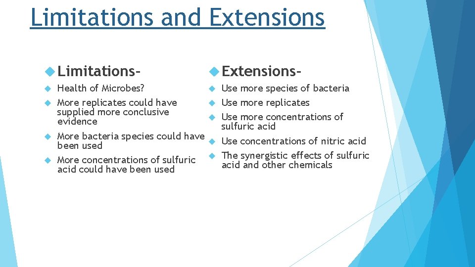 Limitations and Extensions Limitations- Extensions- Health of Microbes? More replicates could have supplied more