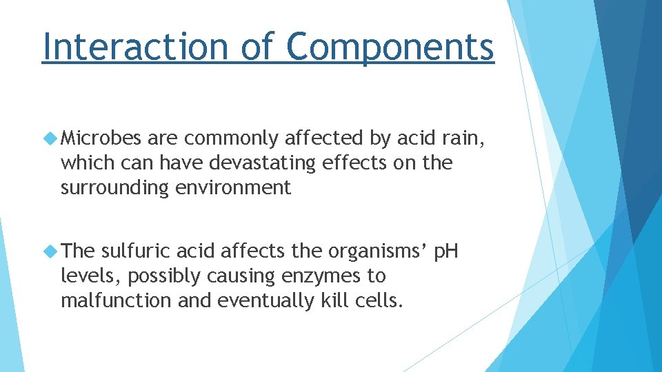 Interaction of Components Microbes are commonly affected by acid rain, which can have devastating