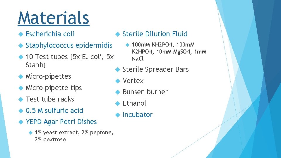 Materials Escherichia coli Staphylococcus epidermidis 10 Test tubes (5 x E. coli, 5 x