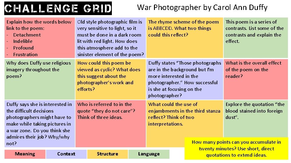 War Photographer by Carol Ann Duffy Explain how the words below link to the