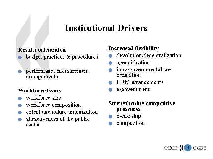Institutional Drivers Results orientation n budget practices & procedures n performance measurement arrangements Workforce