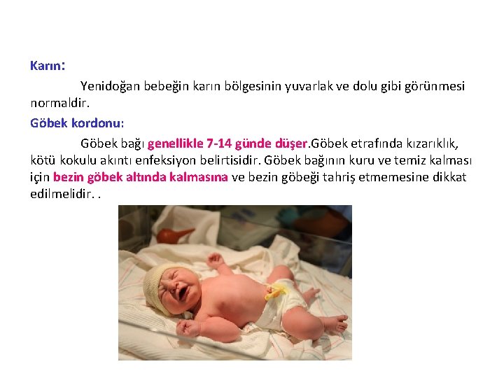 Karın: Yenidoğan bebeğin karın bölgesinin yuvarlak ve dolu gibi görünmesi normaldir. Göbek kordonu: Göbek