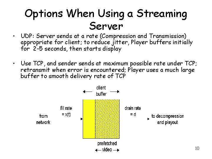 Options When Using a Streaming Server • UDP: Server sends at a rate (Compression