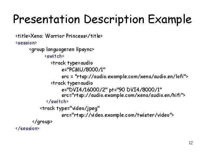 Presentation Description Example <title>Xena: Warrior Princess</title> <session> <group language=en lipsync> <switch> <track type=audio e="PCMU/8000/1"