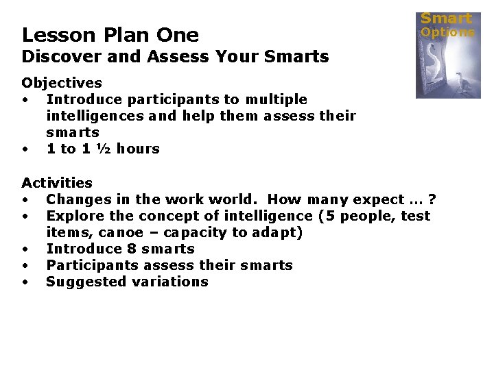 Lesson Plan One Smart Options Discover and Assess Your Smarts Objectives • Introduce participants