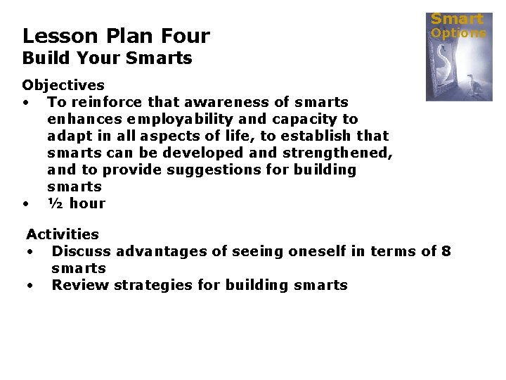 Lesson Plan Four Smart Options Build Your Smarts Objectives • To reinforce that awareness