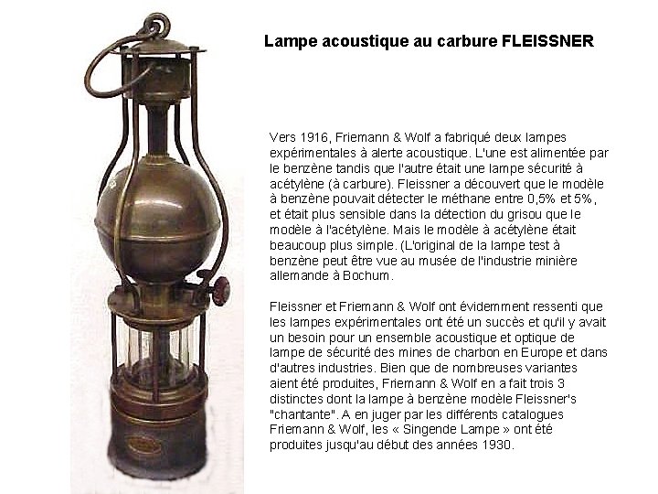 Lampe acoustique au carbure FLEISSNER Vers 1916, Friemann & Wolf a fabriqué deux lampes