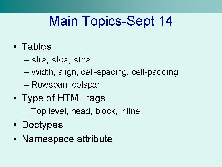 Main Topics-Sept 14 • Tables – <tr>, <td>, <th> – Width, align, cell-spacing, cell-padding
