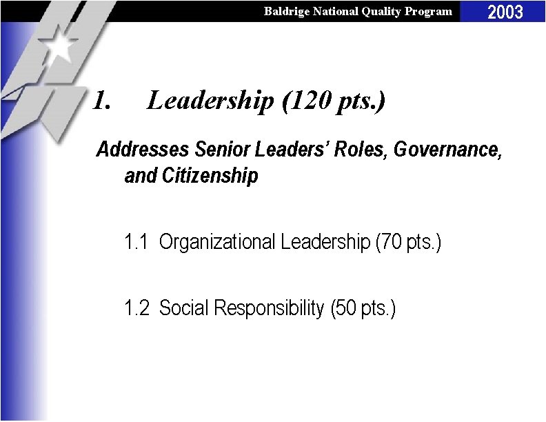 Baldrige National Quality Program 1. 2003 Leadership (120 pts. ) Addresses Senior Leaders’ Roles,