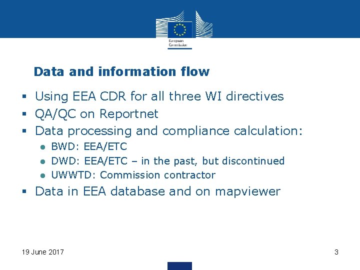Data and information flow § Using EEA CDR for all three WI directives §