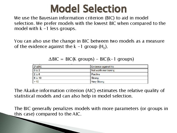 Model Selection We use the Bayesian information criterion (BIC) to aid in model selection.