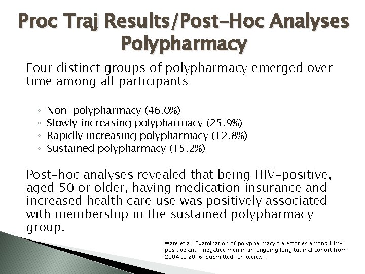 Proc Traj Results/Post-Hoc Analyses Polypharmacy Four distinct groups of polypharmacy emerged over time among