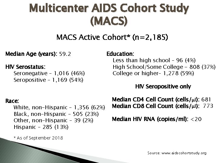 Multicenter AIDS Cohort Study (MACS) MACS Active Cohort* (n=2, 185) Median Age (years): 59.
