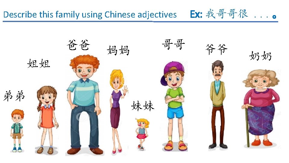 Describe this family using Chinese adjectives Ex: 我哥哥很. . . 。 爸爸 哥哥 妈妈 Describe this family using Chinese adjectives Ex: 我哥哥很. . . 。 爸爸 哥哥 妈妈