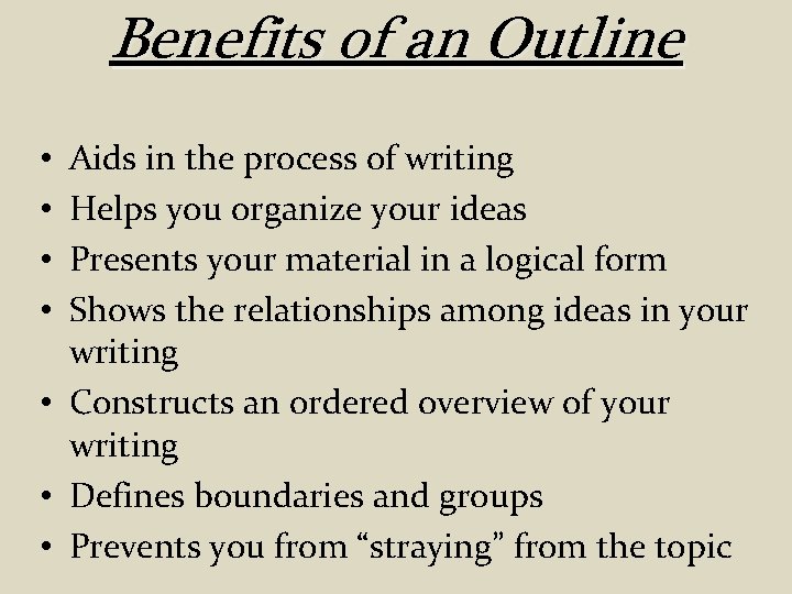 Benefits of an Outline Aids in the process of writing Helps you organize your