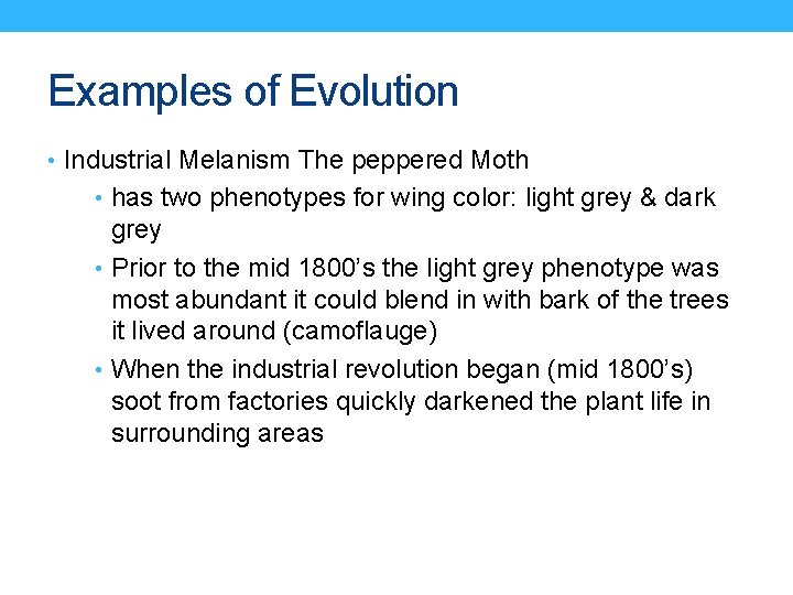 Examples of Evolution • Industrial Melanism The peppered Moth • has two phenotypes for