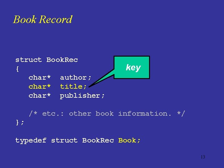 Book Record struct Book. Rec { char* author; char* title; char* publisher; key /*