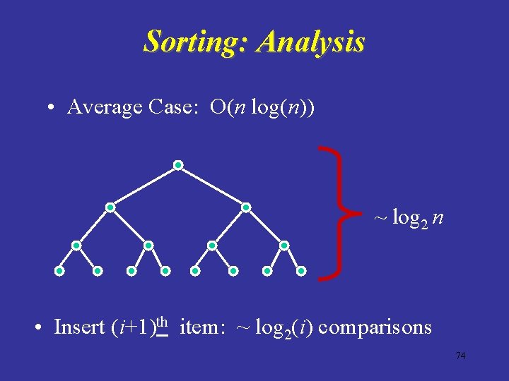 Sorting: Analysis • Average Case: O(n log(n)) ~ log 2 n • Insert (i+1)th